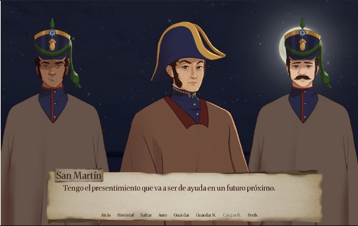 San Martín y dos granaderos en una escena del juego