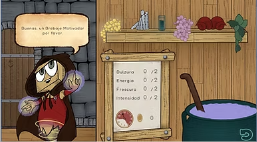 Escena de juego en una tienda de pociones