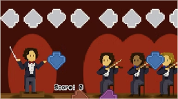Escena de Al Unísono con personajes y flechas musicales